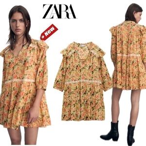 Zara pink green floral flower ruffle crochet babydoll mini dress prairie S NWT